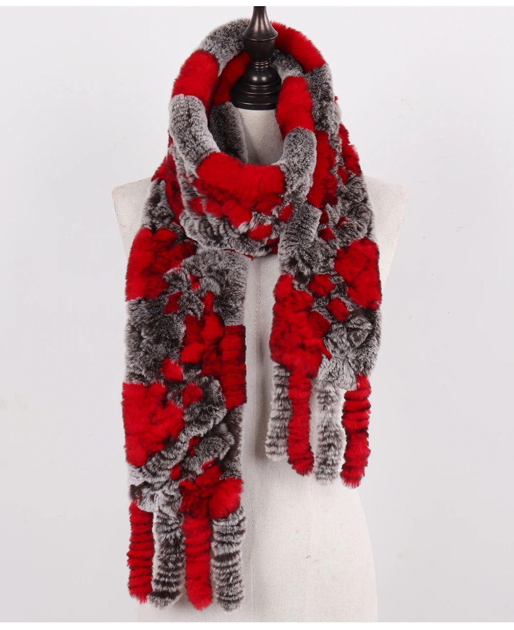 Neue Damen-Schals aus 100% natürlichem Rex-Kaninchenfell, langer Stil, gestrickte Rex-Kaninchenfell-Quastenschals, warme Echtfell-Schals für den Winter. – Detail 29