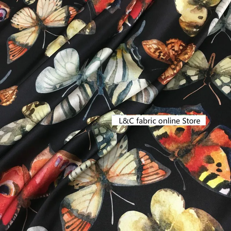 Butterfly Printed Silk Dress Fabric of European and American Major Brands 19 M Elastic Silk Satin Fabric