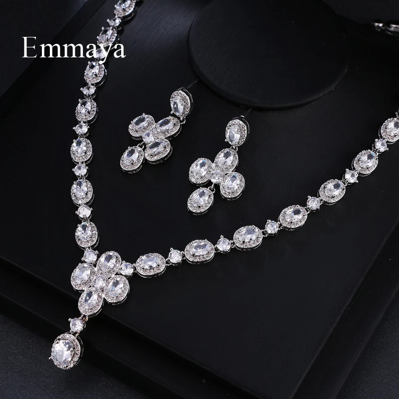 Emmaya Brand Fashion Luxury Oval Cubic Zircon Geometric Crystal Earrings Necklace Set For Women Popular Wedding Jewelry Gift