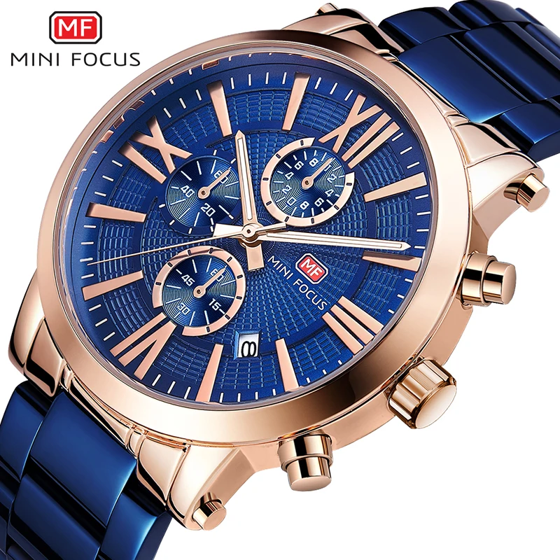 MINI FOCUS Men's Chronograph Watches Luxury Business Dress Quartz Watch for Man Waterproof Relogios Masculino Clock 0219G Blue