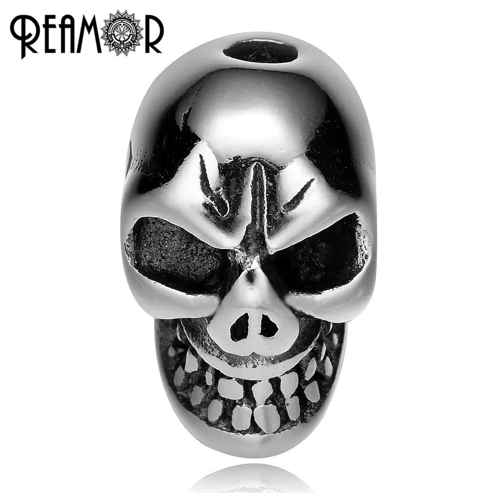 REAMOR 5pcs Stainless Steel Punk Skull Head Bead 2mm Small Hole Beads Charms for Men String Beaded Bracelets DIY Jewelry Making