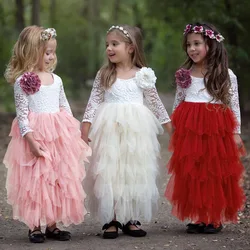 2023 Summer Kids Dresses For Girls Lace Sleeveless Backless Back V Tulle Party Princess Formal Dress Bridesmaid Pageant Dresses