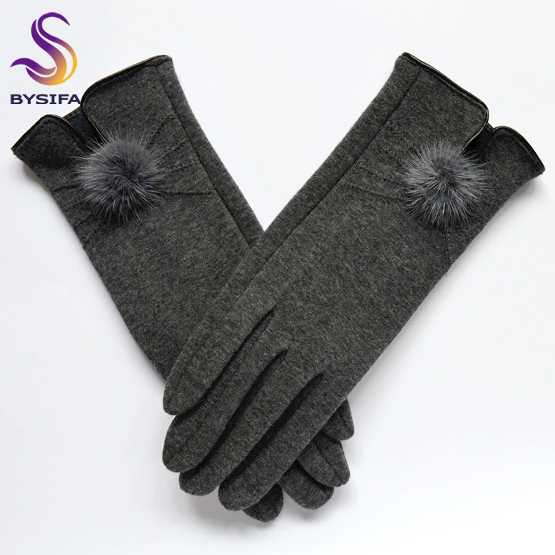 [BYSIFA] Women Mittens Gloves Winter Mink ball Wool Gloves Fashion Opening Design Ladies Gloves New Elegant Black Green Gloves