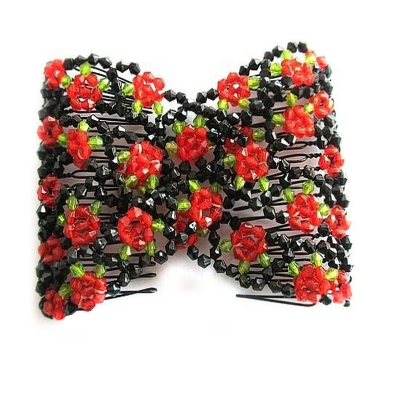 New Arrival Chic Stretch Rose Flower Bow Glass Bead Hair Head Comb Cuff Double Insert Clips For Gifts Women Fashion Accessory