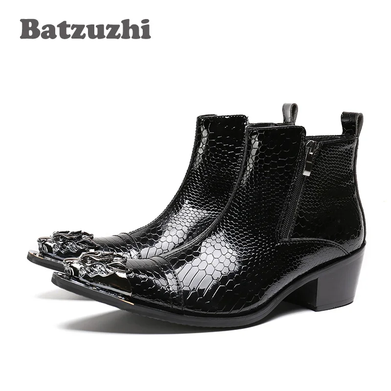 Batzuzhi POP Rock Black Men Boots Pointed Iron Toe Zipper Men's Ankle Boots Fashion Autumn Leather Men Footwear bota masculina