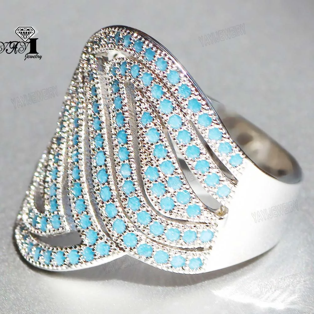 YaYI  Jewelry Fashion Princess Cut Natural Turquoise Moissanite Zircon Stamped Silver Color Engagement Wedding Precious Rings