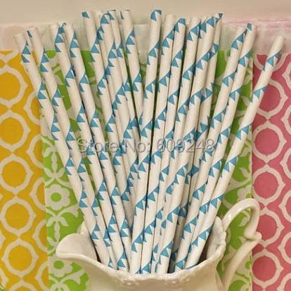 100 Pcs Mixed Colors Blue Bunting Flags Printed Paper Straws,Cheap Biodegradable Vintage Party Supplies Paper Drinking Straws