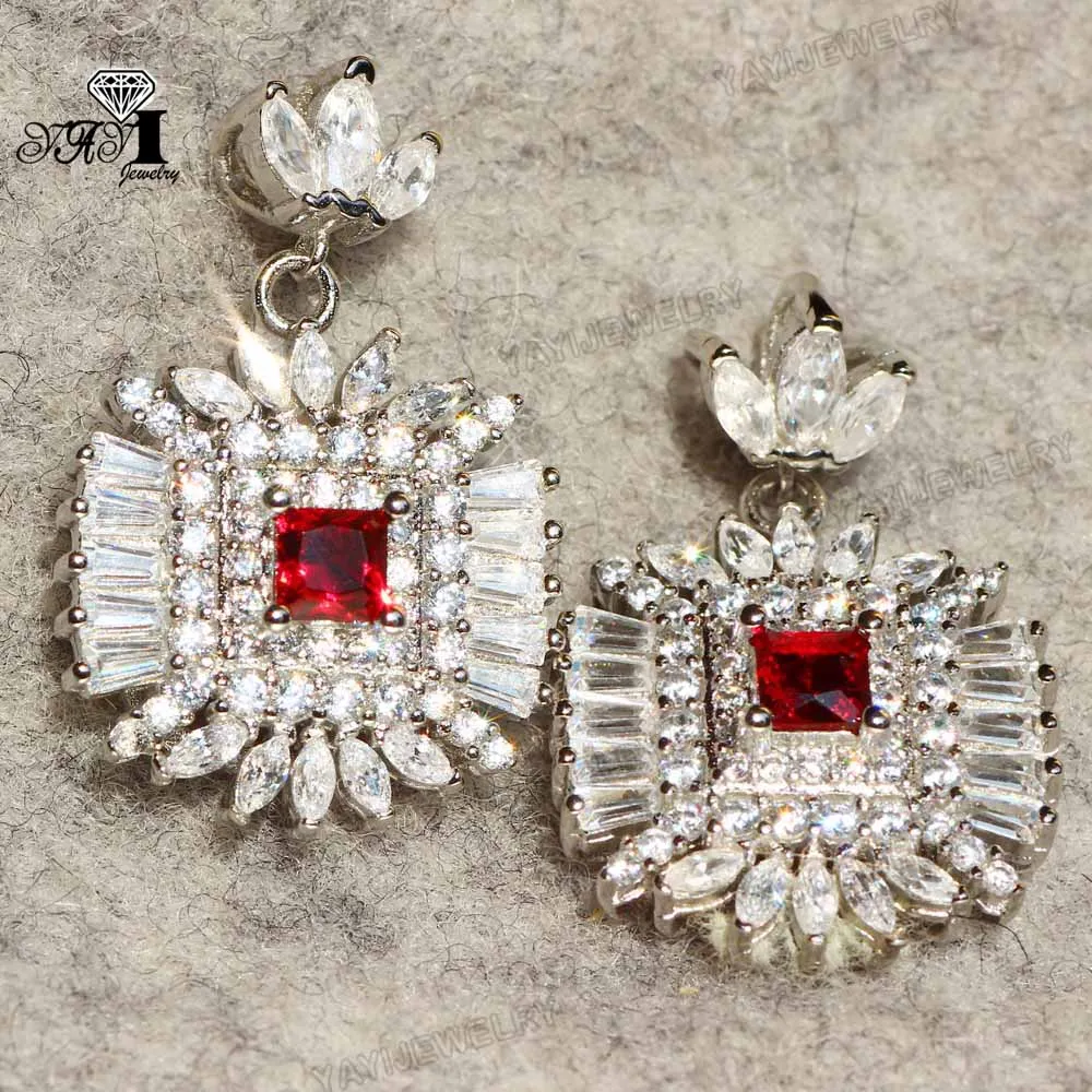 YaYI Jewelry Fashion Princess Cut 15 CT  Red Zircon Silver Color long Ear Earrings wedding Party tassel Earrings Gifts