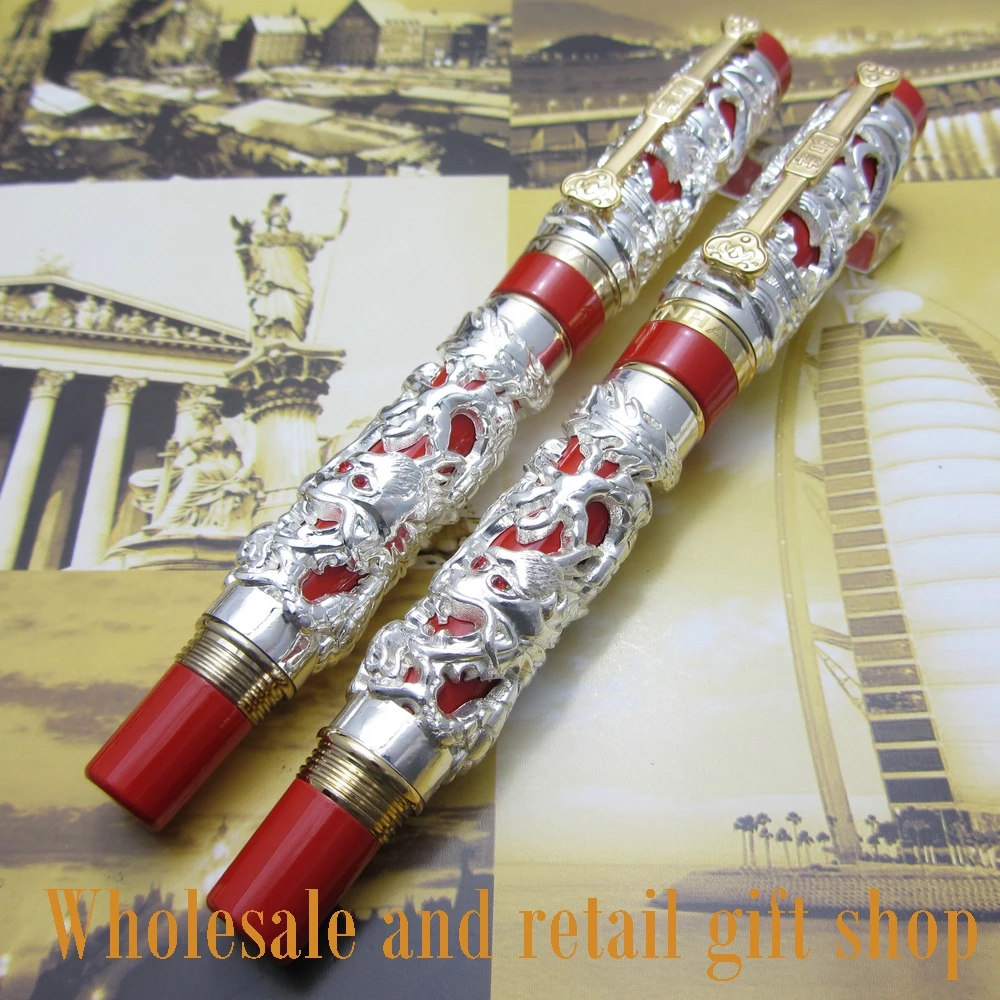 2pcs pen Jinhao Long Feng heavy silver red Chinese classical luck clip