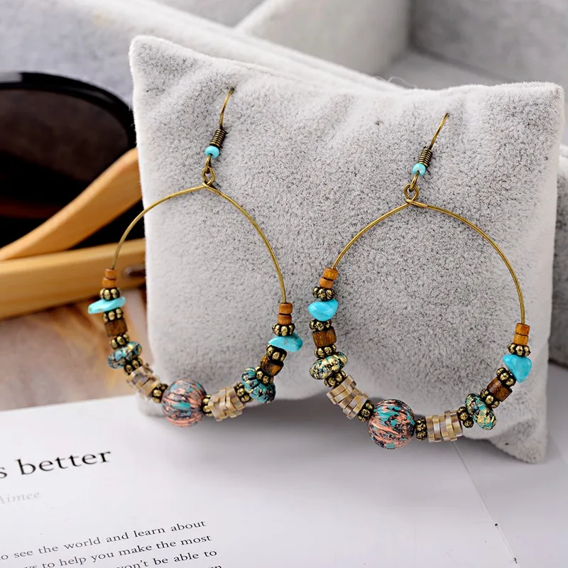 DOUVEI 2021 Ethnic Bohemia Women\'s Gypsy Big Bronze Wood Beads Round Drop Boho Earrings Vintage Style For Female HQE741