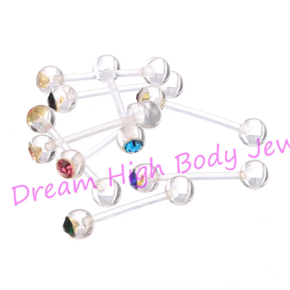 Imagem -02 - Moda Tongue Anel Bar Flexível Crystal Clear Gem Barbells 14g Cores Misturadas Acrílico mm Bola Body Piercing