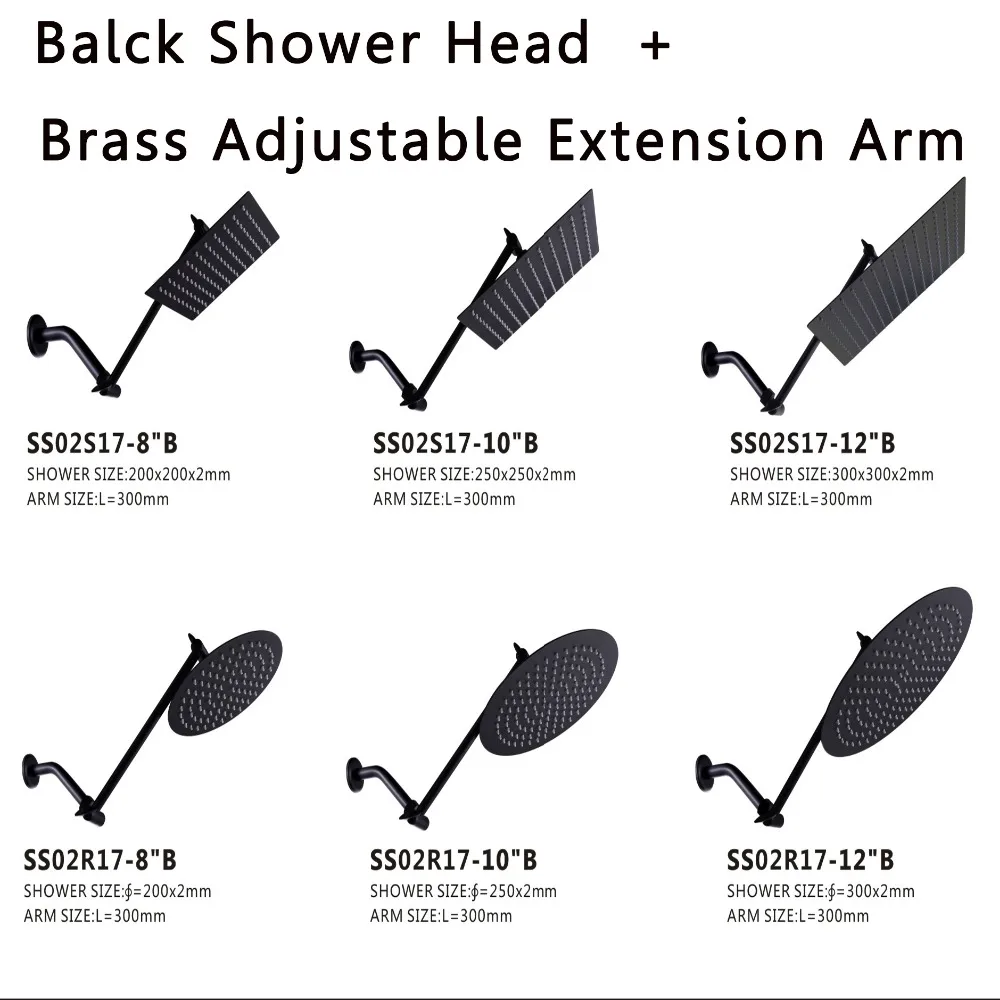 Ultra Thin Stainless Steel BLACK8/10/12 Inch Adjustable Rain Shower Head with Solid Brass Adjustable Extension Arm Folding