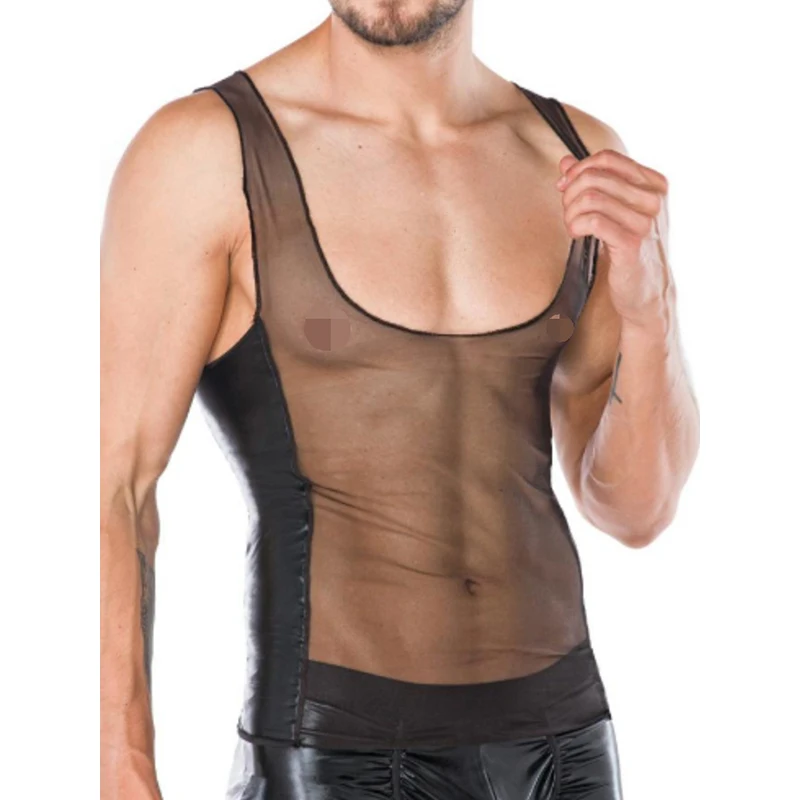 Sexy Gothic Men Tank Tops Shirt Mesh Faux Leather Gay Fetish Sleeveless Mens Funny Exotic Fitness Transparent Vest Clubwear XXL