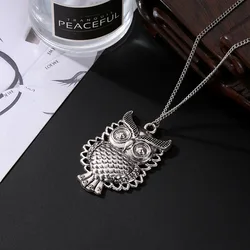 Vintage Vivid Carved Owl Cute Animals Pendant Long Thin Chain Ethnic Style Antique Silver Plated Necklaces For Women