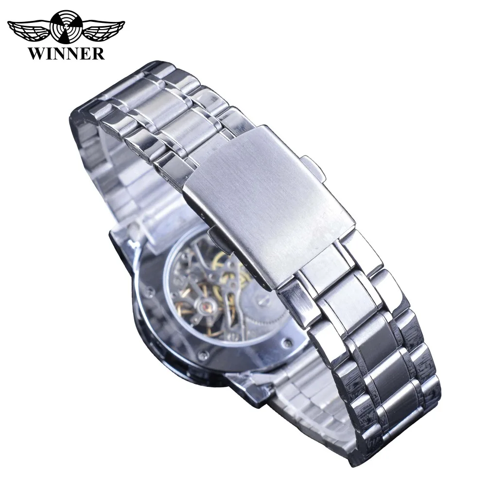 Winner Blue Watches Diamond Design Skeleton Men's Mechanical Wrist Watches Clock Male Luminous Hands Silver Stainless Steel