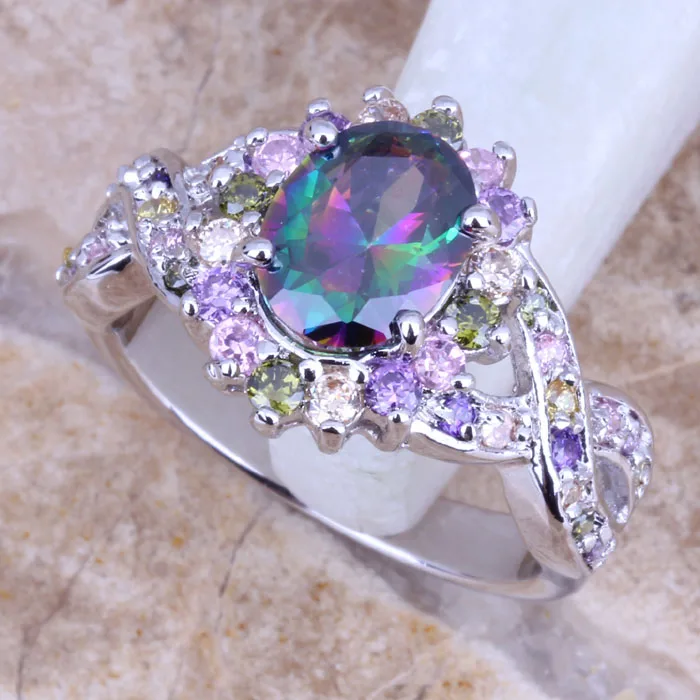 Rainbow Cubic Zirconia Multigem Silver Plated  Women's Ring Size 6 / 7 / 8 / 9 E788