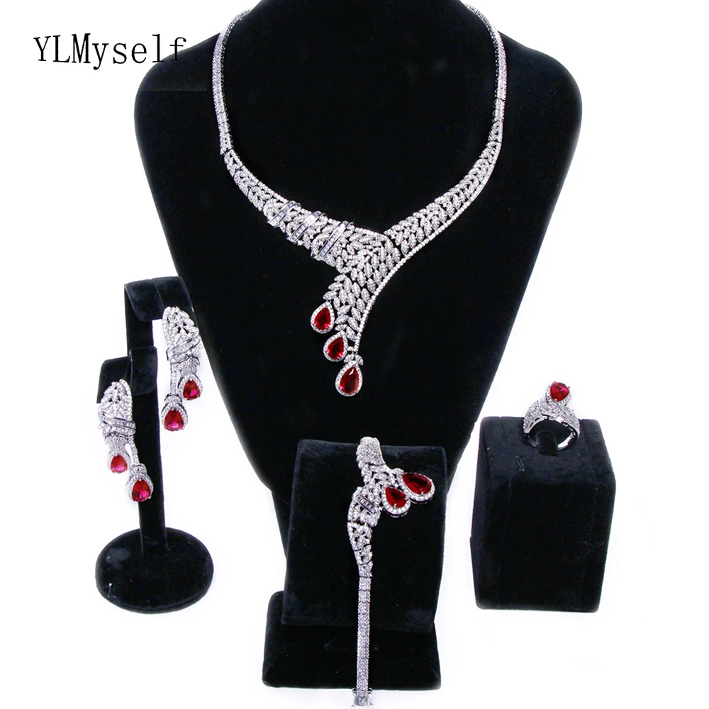 Luxury 4pcs wedding party jewelry sets Big red water drop crystal Necklace+Bracelet+earrings+ring Large jewellery set for bridal