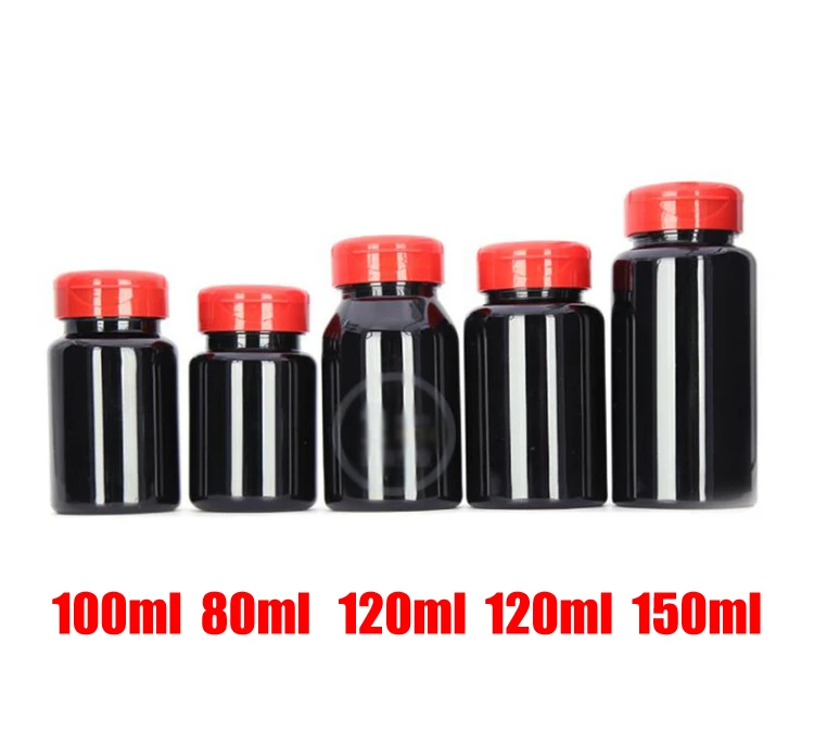 100pcs Black Color PET Flip Bottles,Capsules/Pills/Powder/Vitamin Empty Bottles with Red Flip Cap -- 80ml/100ml/120ml/150ml