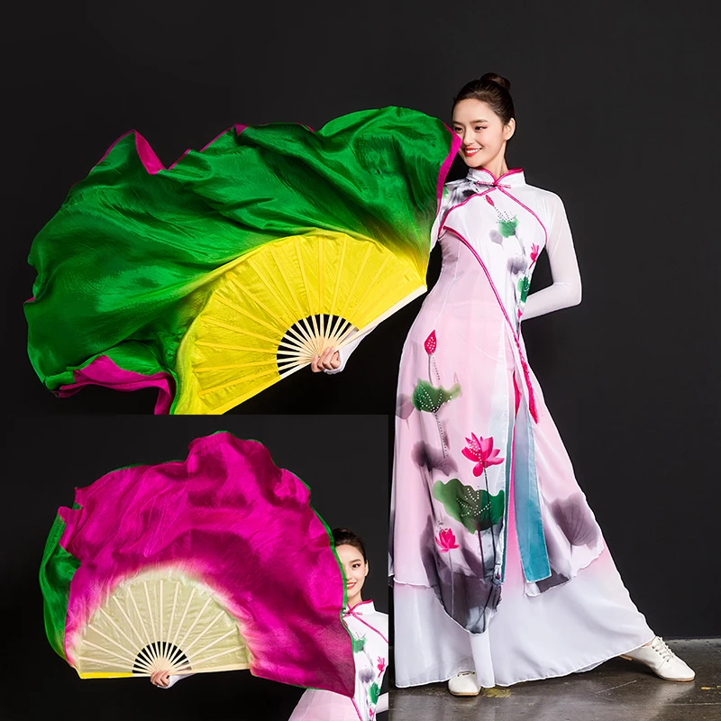 

2019 two-side Chinese Traditional 100% real Silk Fans Veils for Women 2 sides Gradient Stage Show Props Fans 1pair/2pcs