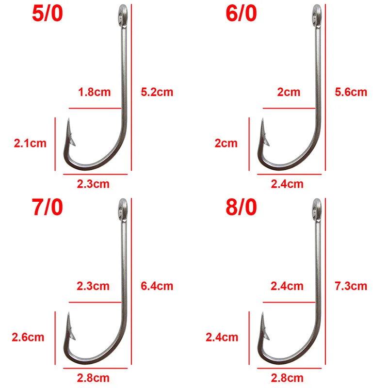 Conjunto de 50 anzóis, ganchos de pesca, extra longo, branco, tamanho 1/0, 2/0, 3/0, 4/0, 5/0, 6/0, 7/0, 8/0, 9/0, 10/0, 34007