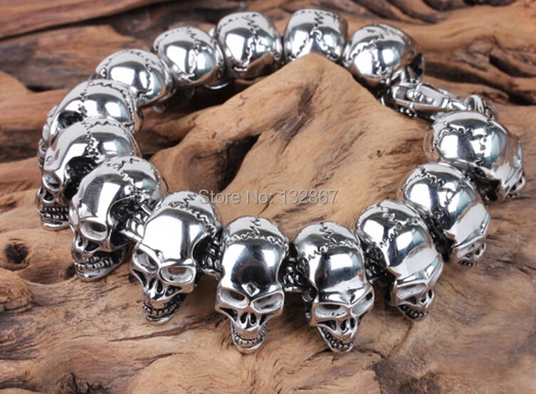 New classic punk style 24mm Heavy Men's Stainless Steel Cool Skull Heads Chain Necklace & Bracelet Set