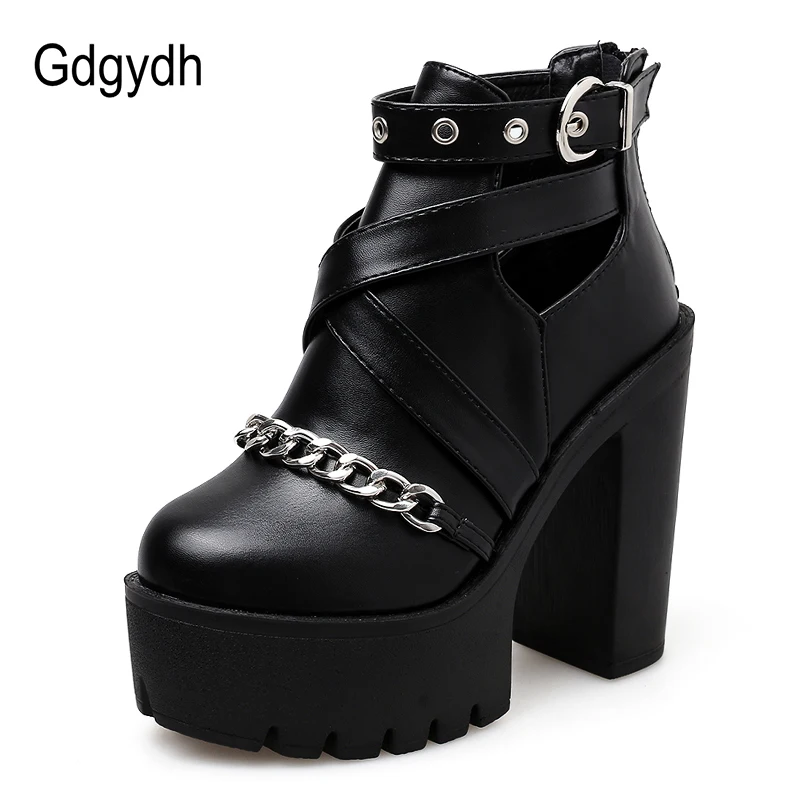 Gdgydh Plus Size 42 Fashion Chain Women Shoes Zipper Square High Heel Ankle Boots For Women Punk Shoes Platform Spring Autumn