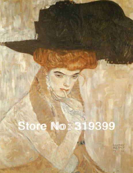 

Gustav Klimt Oil Painting reproduction on Linen Canvas,Black Feather Hat,Fast Shipping,handmade,Museam Quality