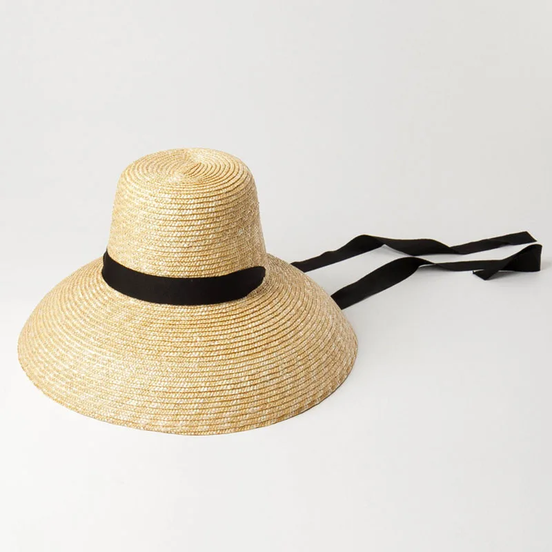 Women Summer Big Floppy Hat Wheat Straw Hat with Black White Ribbon Lace Tie 15cm Wide Brim Sun Hat UV Protection Beach Cap