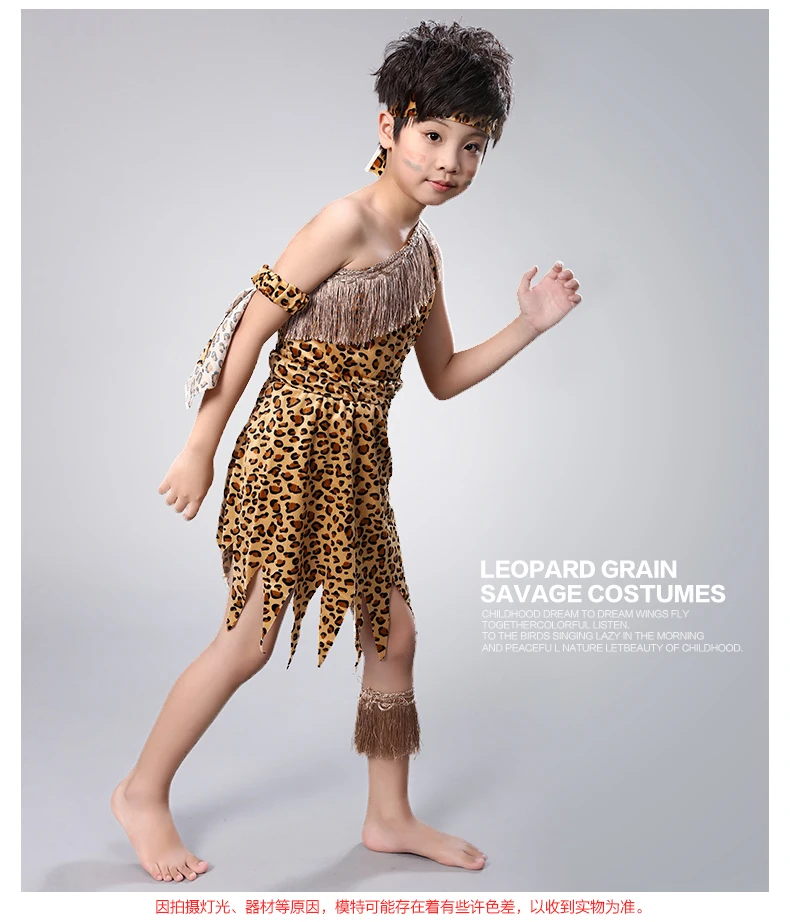 Kid Halloween Girl Savage Costumes For Boy Savage Indian Girl Leopard Stage Performance Props Child Hunter Flintstones Primitive