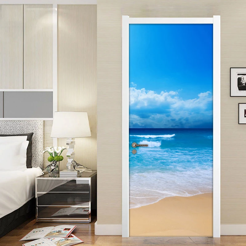 

Sandy Beach Seascape Door Sticker Mural 3D PVC Waterproof Bathroom Door Wall Papers Home Decor Living Room Bedroom Self-adhesive