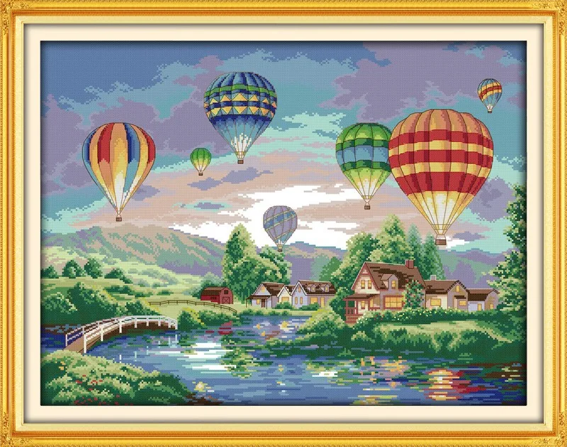 Needlework,DIY DMC Cross stitch,Set For Embroidery kit,Scenic,cottage,bridge,Hot Air Balloon,Pattern Counted Cross-Stitch Kit