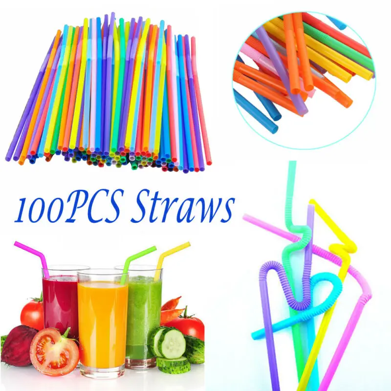 100Pcs Extra Long Flexible Plastic Drinking Straws Grade Colorful Extra Long Bendy Party Bar Drinking Supplies Cocktail Plastic