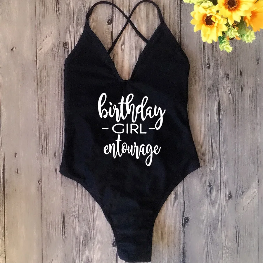 Girls Birthday Padded Sexy One Piece Swimsuit Birthday Girl & Entourage Women Fused Swimwear Backless Bather Monokini Beachwear