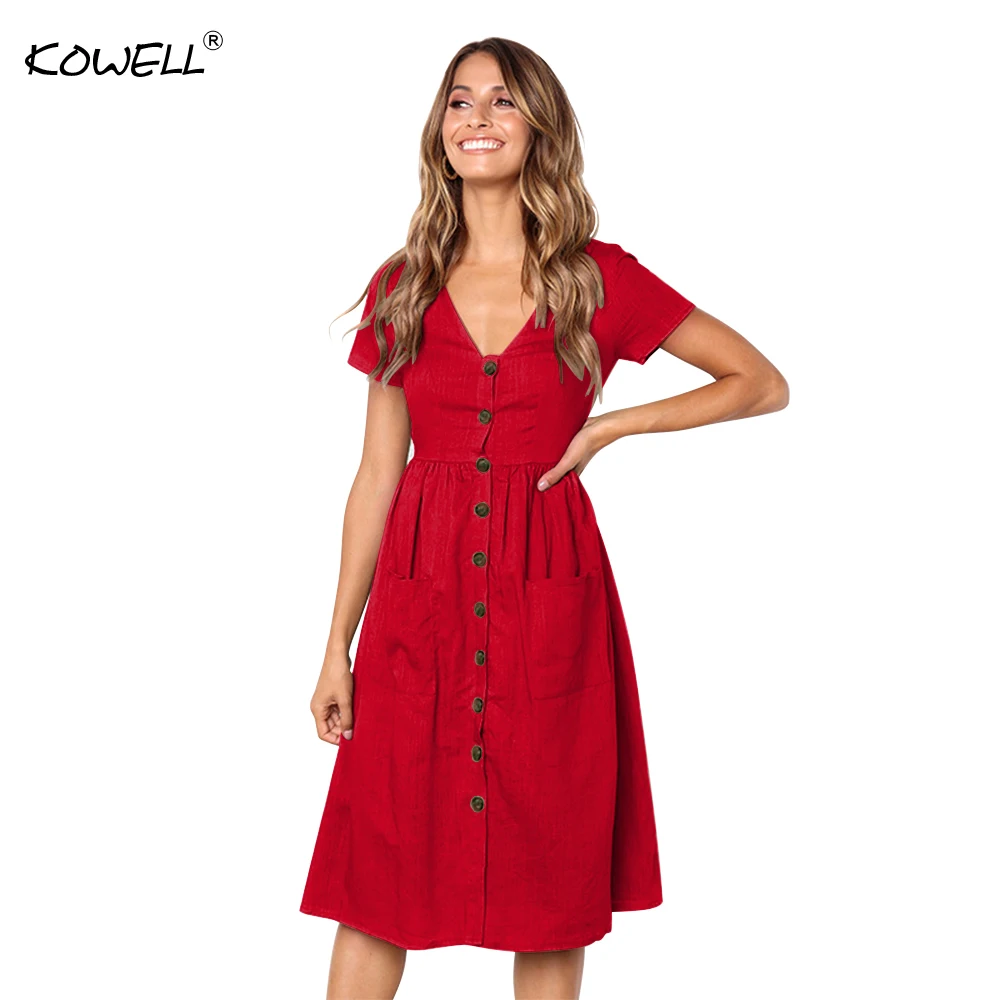 

Hot Sale Eight Colors 2018 Summer Dress Short Sleeve V neck Sexy Button Dress Women Loose Solid Elegant Plated Casual Vestidos