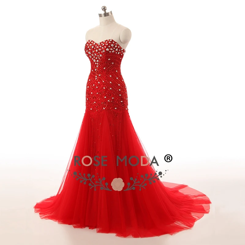 Rose Moda Luxury Crystal Red Prom Dress Bling Real Images