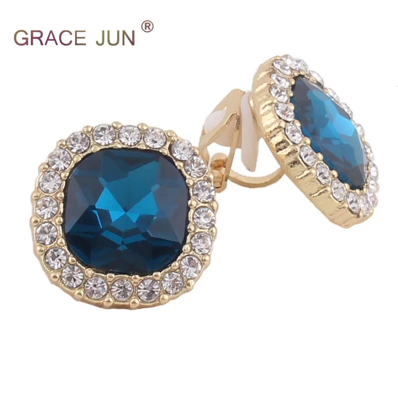 GRACE JUN Red and Blue  Rhinestone Crystal Clip on Earrings No Pierced for Women Party Wedding Luxury Bride No Hole Earrings