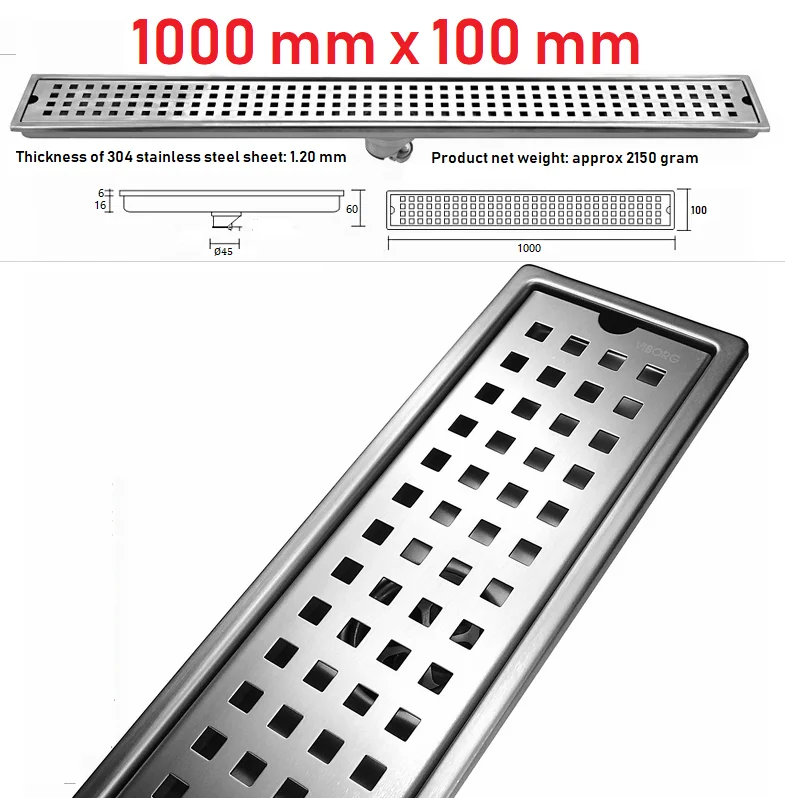 

VIBORG 1000mm x 100mm Deluxe 304 Stainless Steel Extra-thick Rectangular Bathroom Shower Linear Floor Drain Drainage Stainer