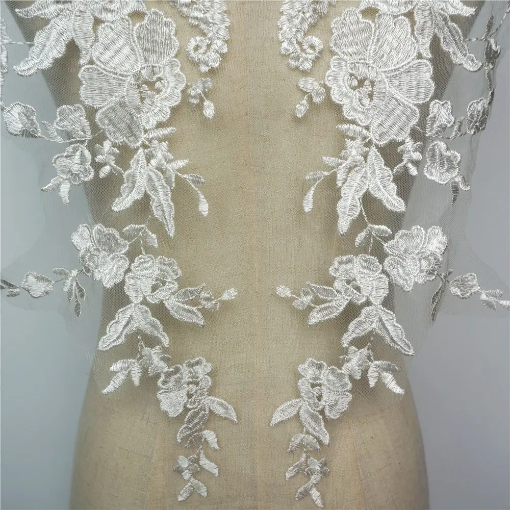 White Flowers Wedding Gown Appliques Embroidered Fabric Collar Lace Trims Mesh Sew On Patch For Dress DIY Decoration