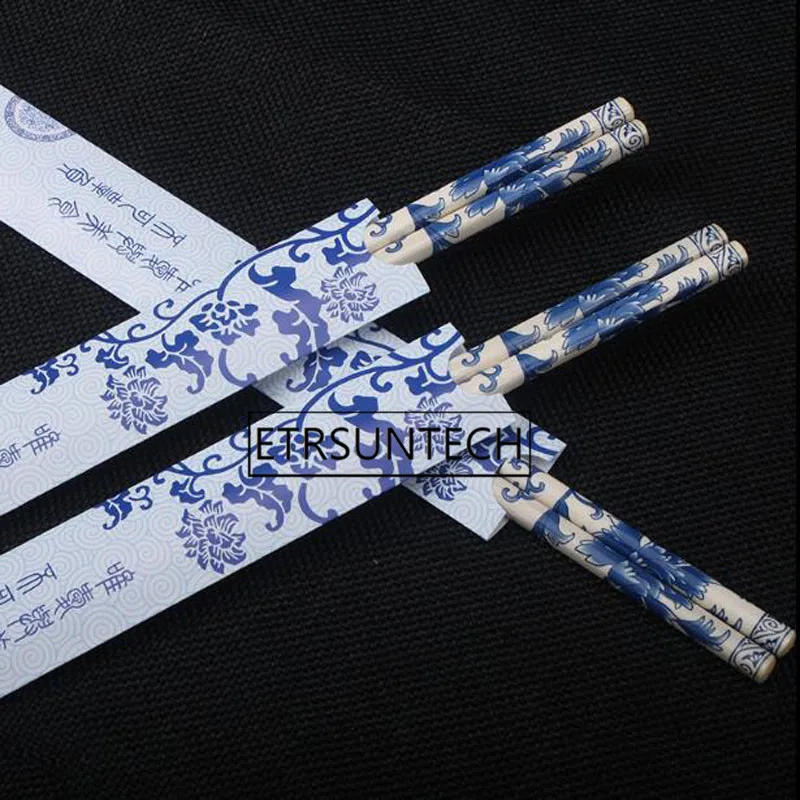 500pairs 24cm Chinese Disposable Bamboo Chopsticks Blue and White Porcelain Pattern Individually Wrapped