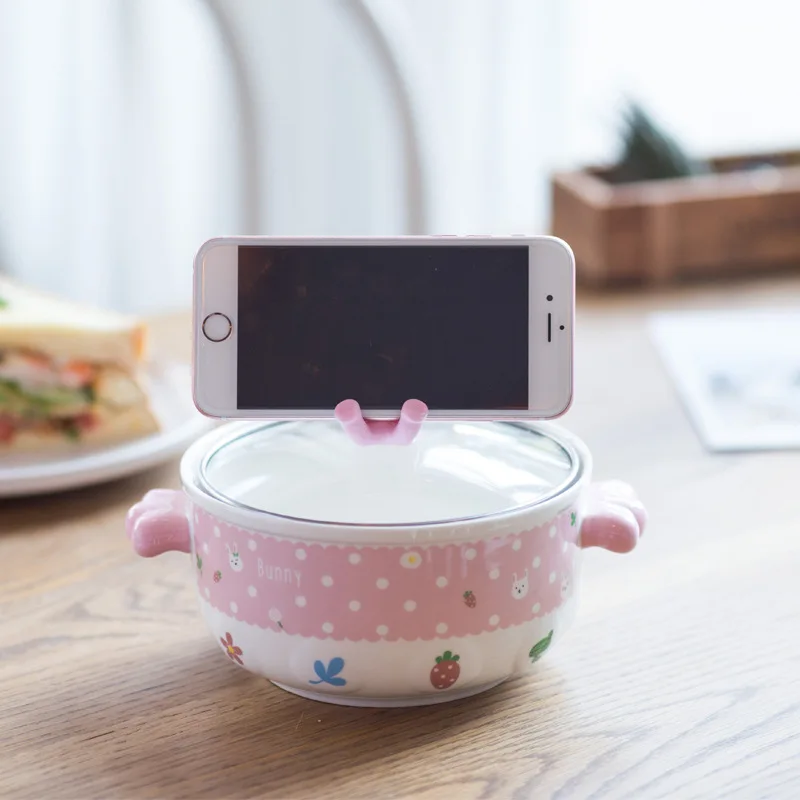 Instant noodle bowl creative cartoon lovely pink tender instant noodles bowl and cover can be used as a mobile phone stan