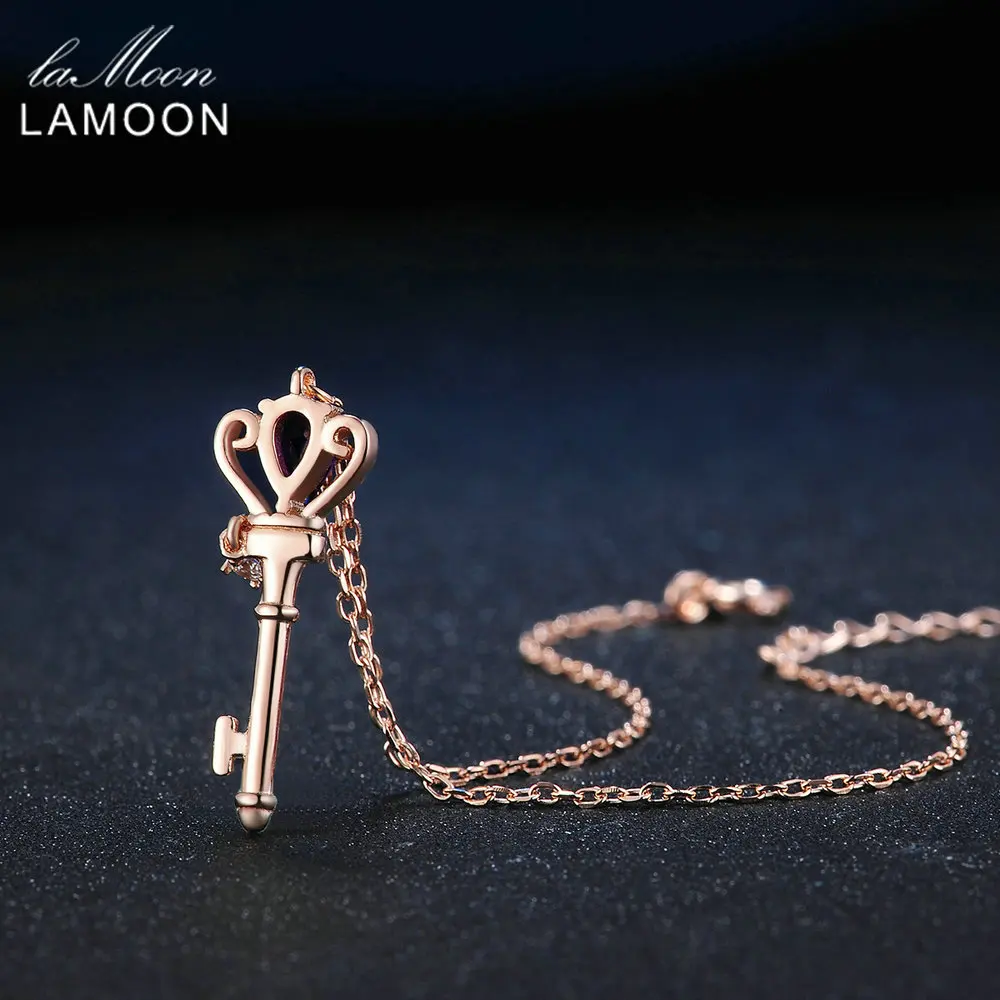 LAMOON Crown Key 6x4mm 0.4ct Natural Teardrop Amethyst 925 Sterling Silver Jewelry Rose Gold Plated S925 Charm Bracelet LMHI024