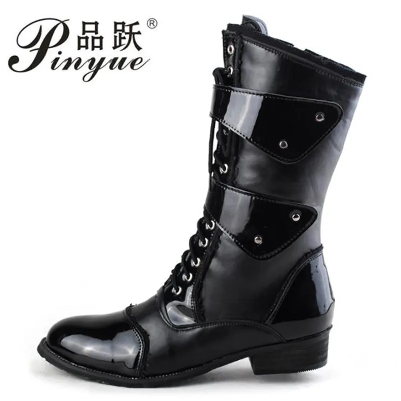 4.5cm Mens Knight Boots  Mid Leg Patent Leather Boots Long  Man Waterproof Work SHoes Male  Motorcycle boots