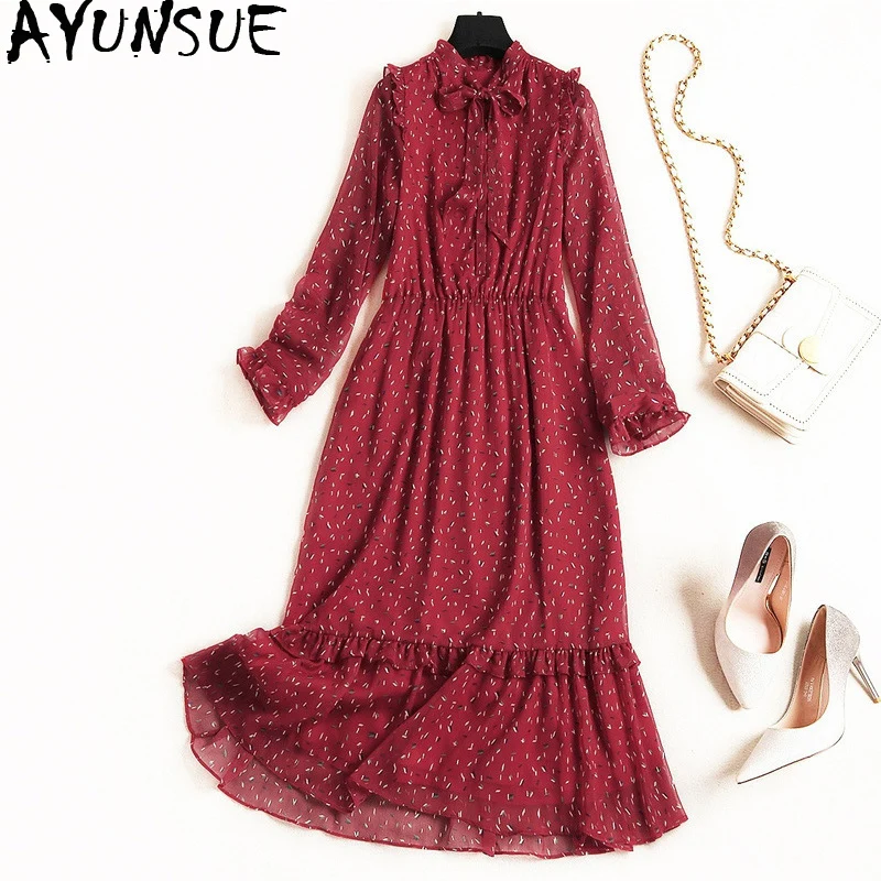 

Spring Dress for Women Maxi Dress Long Sleeve Dresses Fashion Korean lace Chiffon Floral Dresses Elegant Ladies Vestidos LW057