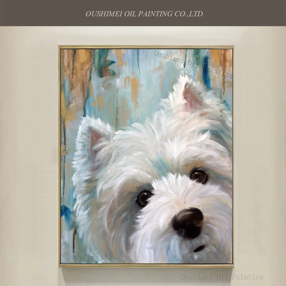 

High Skills Artist Hand-painted High Quality West Highland White Terrier Dog Oil Painting On Canvas Funny Dog Face Oil Painting