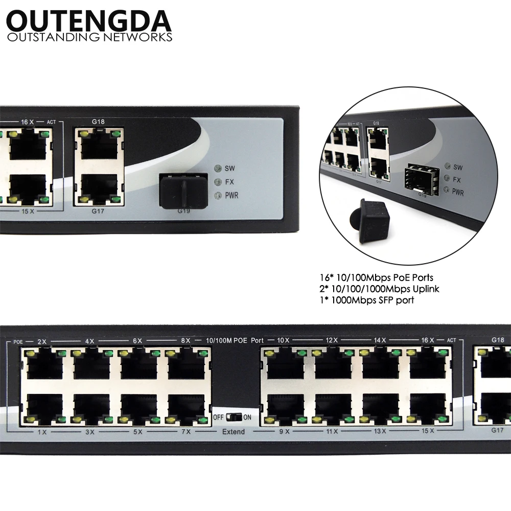 18ports POE switch 300W Power Over Ethernet 802.3af/at Standard POE output with 2 uplink ports Gigabit and 1 Gigabit SFP optical