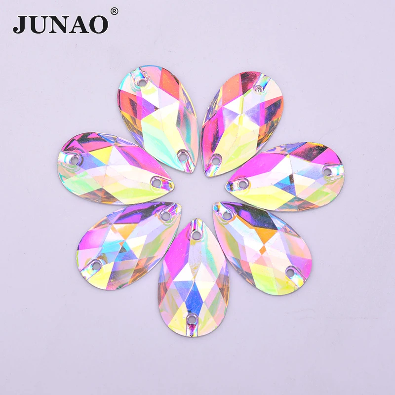 JUNAO 17*28 millimetri di Cucito Grande Teardrop Rhinestone della Parte Posteriore Piana AB Pietre di Cristallo Sew On Resina Strass Applique per