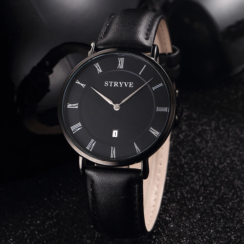 シンプルなデザイン男性ビジネス腕時計黒革のカレンダー防水 Stryve クォーツメンズファッションウォッチ Relojes Hombre