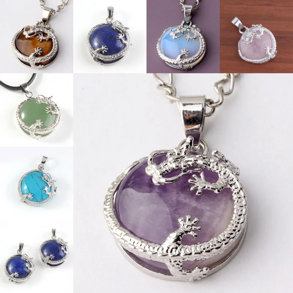 Silver Plated Natural Half Ball Stone Amethyst Crystal Quartz Lapis Lazuli Tiger Eye Stone Chinese Dragon Pendant Jewelry