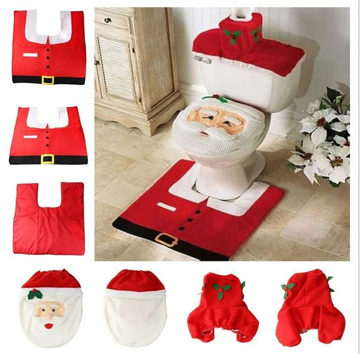 Santa Toilet Seat Cover and Rug Set, Christmas Decorations, 5 Styles, Bathroom Set, Contour Rug, Home Supplies, 3Pcs