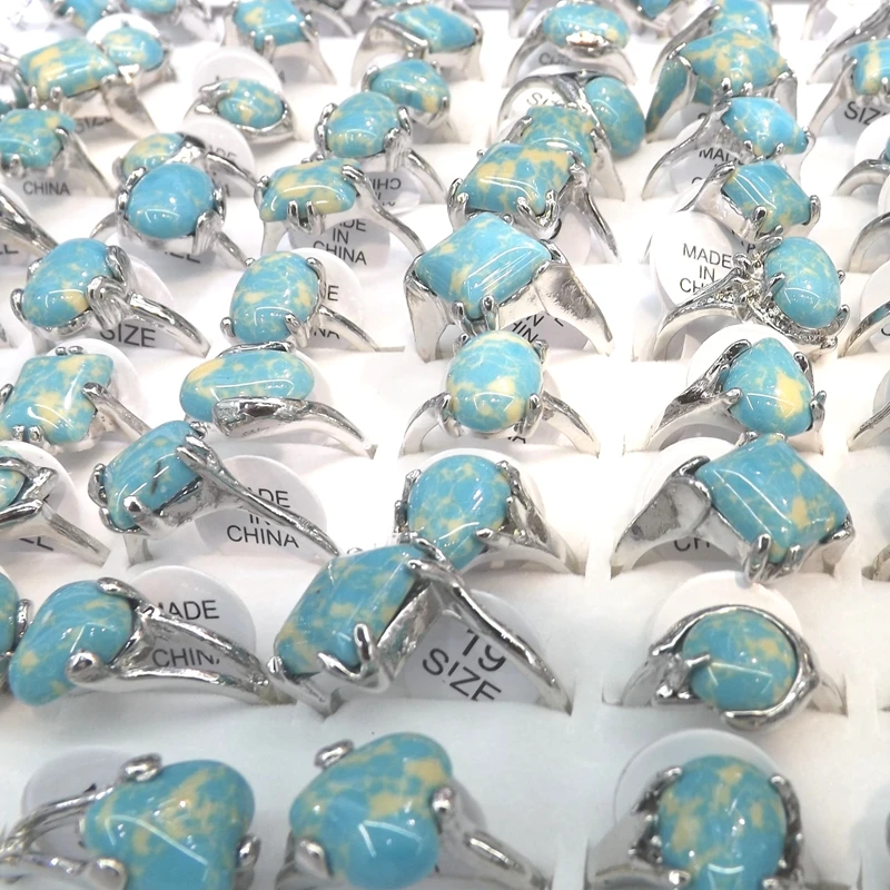 Mixed Lot Natural Turquoises Rings With Yellow Decorative Pattern 50pcs/lot Size 6,7,8,9,10